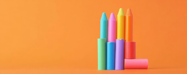 colorful crayons, pastel colors, creative art concept stacked on an orange background, minimalistic style, suitable for education, arts, and crafts themes, bright and cheerful