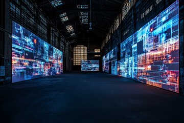 Futuristic data visualization displays in a large industrial warehouse.