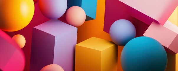 Colorful geometric composition with spheres and blocks in vibrant tones The image features a mixture of warm and cool colors in abstract forms, creating a playful