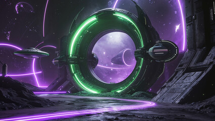Spaceships approaching futuristic portal on alien planet with neon lights
