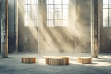 Sunlit industrial warehouse interior with three wooden podiums.