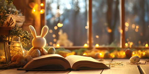 Bunny Reading a Storybook Surrounded by Easter Eggs in Magical Light