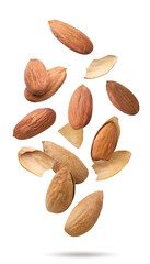 Almonds in shell flying close-up on white. Isolated