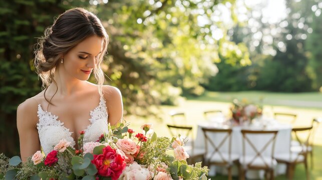 Beautiful bride holding floral bouquet in nature