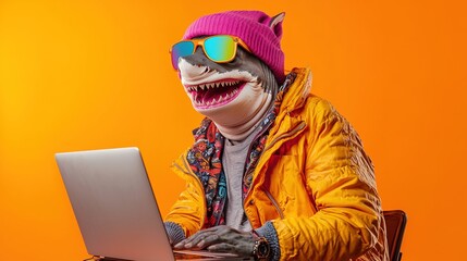Shark in Winter Gear Uses Laptop