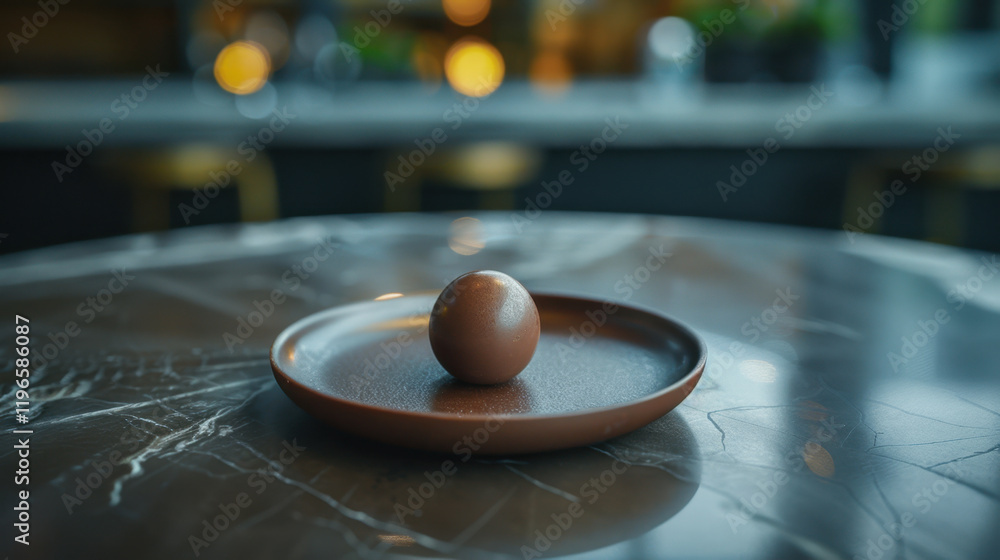 Poster minimalist ceramic plate with spherical object sits on marble table, creating serene and elegant atm