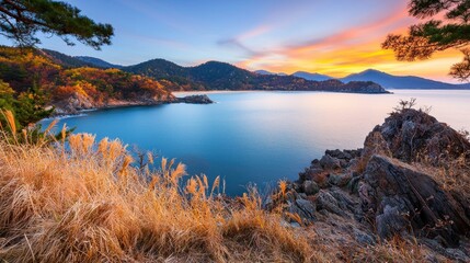 Obraz premium Serene coastal sunset landscape