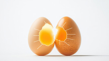 Two cracked brown eggs revealing bright yellow yolks, set against a clean white background, symbolizing freshness and new beginnings.