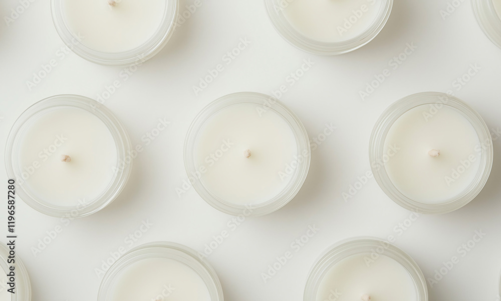 Poster minimalist candle arrangement: a flat lay showcasing an array of unscented candles, their white wax 
