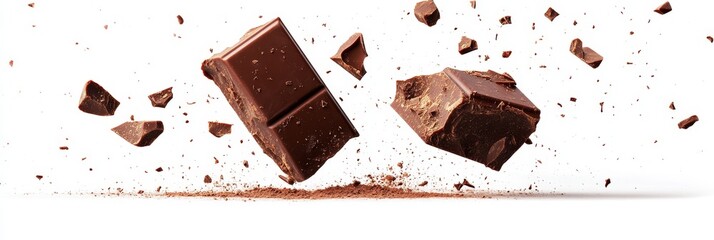 Shattering dark chocolate bar pieces falling on white background.