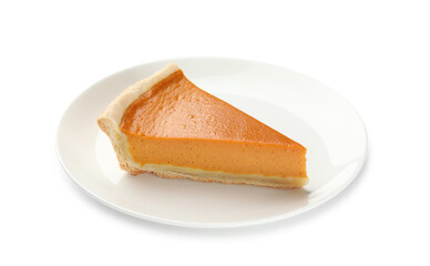 Piece of tasty homemade pumpkin pie isolated on white
