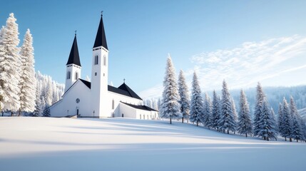 Snowy Church in Winter Landscape