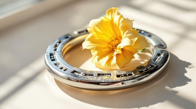 Shiny horseshoe with yellow flower in sunlight, good luck symbolism