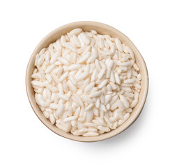 Puffed rice in bowl isolated on white, top view