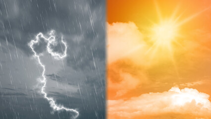 Scene of different weathers. Rain and thunders from the dark clouds with sunlight and heat weather...