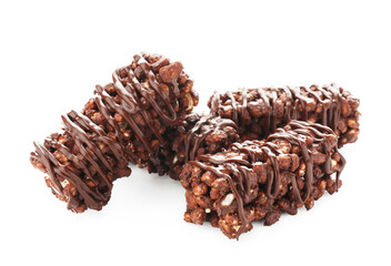 Delicious chocolate puffed rice bars isolated on white