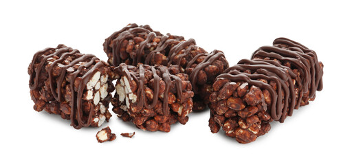 Delicious chocolate puffed rice bars isolated on white