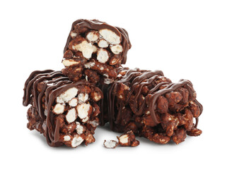 Delicious chocolate puffed rice bars isolated on white