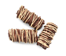 Delicious chocolate puffed rice bars isolated on white, top view