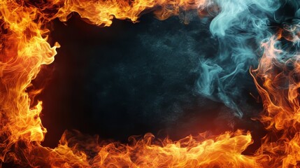 Vibrant flames and smoke creating a dramatic frame in warm and cool tones.