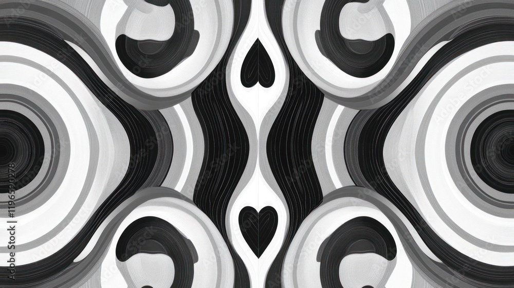 Poster abstract grayscale swirl pattern with heart shapes.