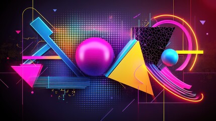 Abstract geometric shapes in vibrant colors on a digital background.
