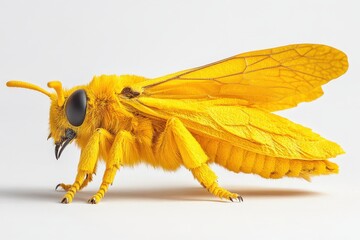 Close-up studio shot of a vibrant yellow bee on a white background.