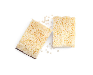Delicious puffed rice bars isolated on white, top view