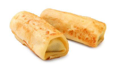 Two delicious rolled crepes isolated on white