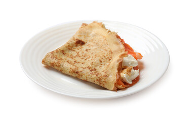 Delicious crepe with salmon and cream cheese isolated on white