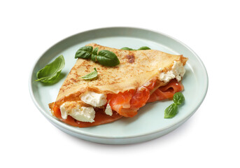 Delicious crepe with salmon, cream cheese and basil isolated on white