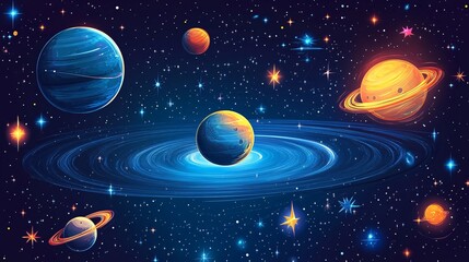 Fototapeta premium A glowing galaxy texture with simplified, cartoon stars and planets