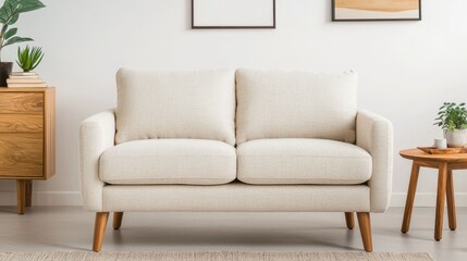 Contemporary, furniture and bold, A cozy beige loveseat with plush cushions, accompanied by stylish decor and plants, set in a bright, minimalist living space.