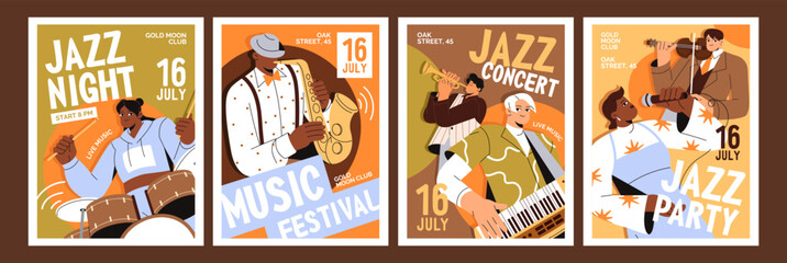 Designs of jazz concert event poster set. Promotion templates of performance with musicians playing music instruments. Jazzmen shows with saxophone in festival, party. Flat vector illustrations