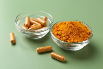 Many turmeric capsules and powder on light green background, closeup