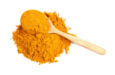 Turmeric powder and spoon isolated on white, top view