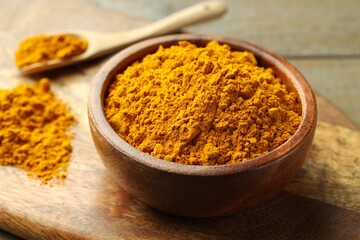 Turmeric powder in bowl on table, closeup