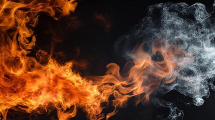Fototapeta premium Dynamic clash of orange flames and swirling gray smoke on a dark background.