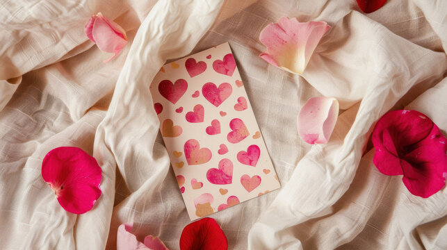 romantic flat lay featuring card with heart patterns surrounded by rose petals on soft fabric. Perfect for love notes or special occasions