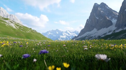 Scenic mountain landscape with vibrant wildflowers and blue sky.