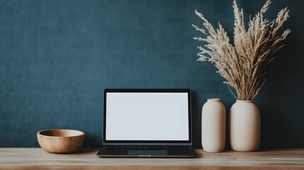 Naklejka premium laptop with blank screen with blue-grey wall background