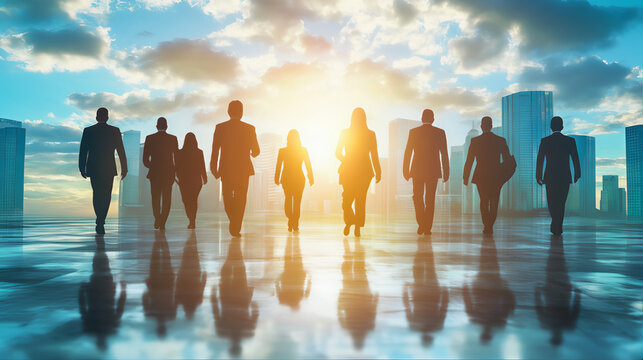 Silhouette of corporate people, group of people at sunset working. Sunlit Business authority workers, business confidence, and leadership. corporate business people 
