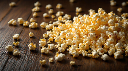 Golden Popcorn Scattered on a Black Wooden Surface, Rustic and Vibrant Food Photography Background for National Popcorn Day
