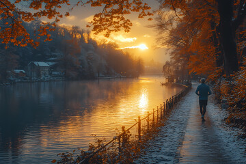 An elderly man exercising by a lake at spring dawn. Nature and morning tranquility bring strength and peace