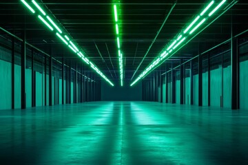 Green neon lights illuminate a long, empty industrial warehouse corridor.