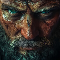 Portrait of a Viking warrior with green eyes