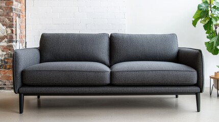Fototapeta premium Contemporary, furniture and bold, A sleek, modern gray sofa with plush cushions, set against a brick wall and complemented by a green plant, enhancing a stylish interior space.