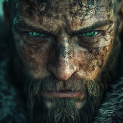 Portrait of a Viking warrior with green eyes