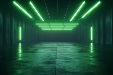 Dark corridor with green neon lights reflecting on wet floor.