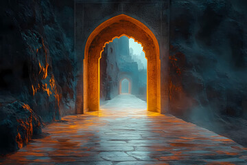 Ancient gates of Shambhala with engraved symbols, illuminated by soft sunlight. A scene full of mysticism